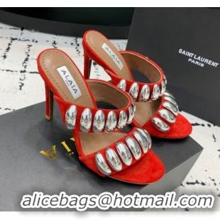 Good Quality Alaia Tribal Suede Heel Slides Sandal 10cm with Metalic Pebbles Red 1223053
