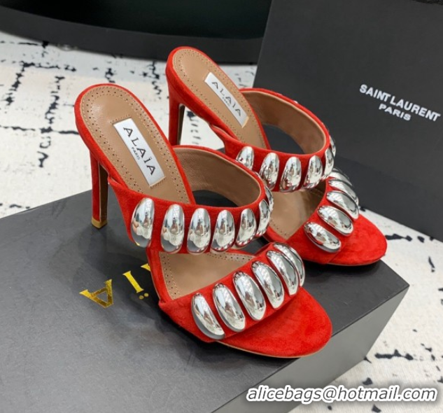 Good Quality Alaia Tribal Suede Heel Slides Sandal 10cm with Metalic Pebbles Red 1223053
