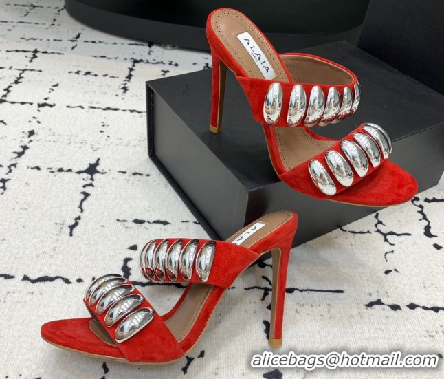 Good Quality Alaia Tribal Suede Heel Slides Sandal 10cm with Metalic Pebbles Red 1223053