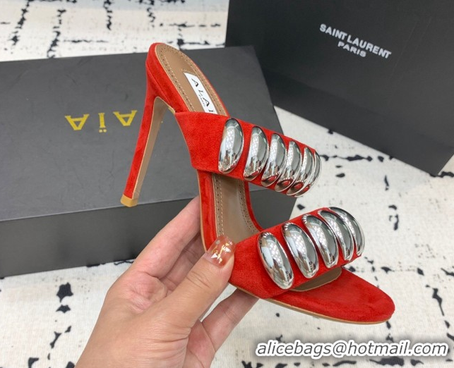 Good Quality Alaia Tribal Suede Heel Slides Sandal 10cm with Metalic Pebbles Red 1223053