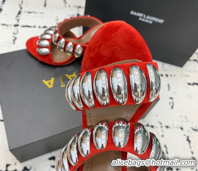 Good Quality Alaia Tribal Suede Heel Slides Sandal 10cm with Metalic Pebbles Red 1223053