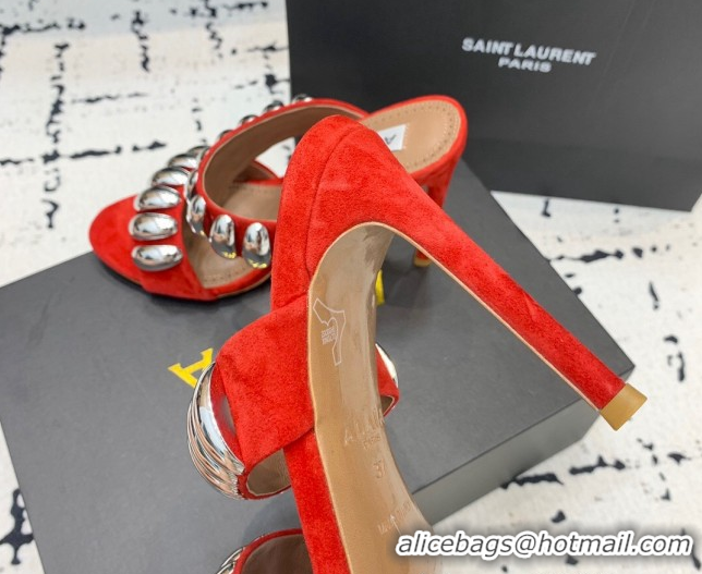Good Quality Alaia Tribal Suede Heel Slides Sandal 10cm with Metalic Pebbles Red 1223053