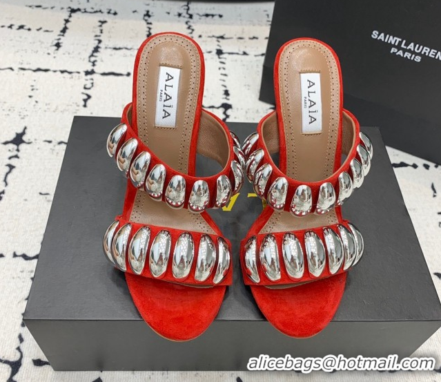 Good Quality Alaia Tribal Suede Heel Slides Sandal 10cm with Metalic Pebbles Red 1223053