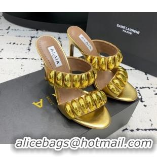 Top Grade Alaia Tribal Leather Heel Slides Sandal 10cm with Metalic Pebbles Gold-Tone 1223054