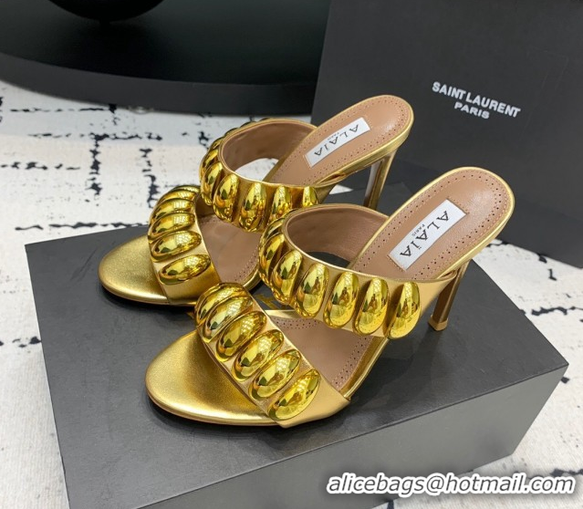 Top Grade Alaia Tribal Leather Heel Slides Sandal 10cm with Metalic Pebbles Gold-Tone 1223054