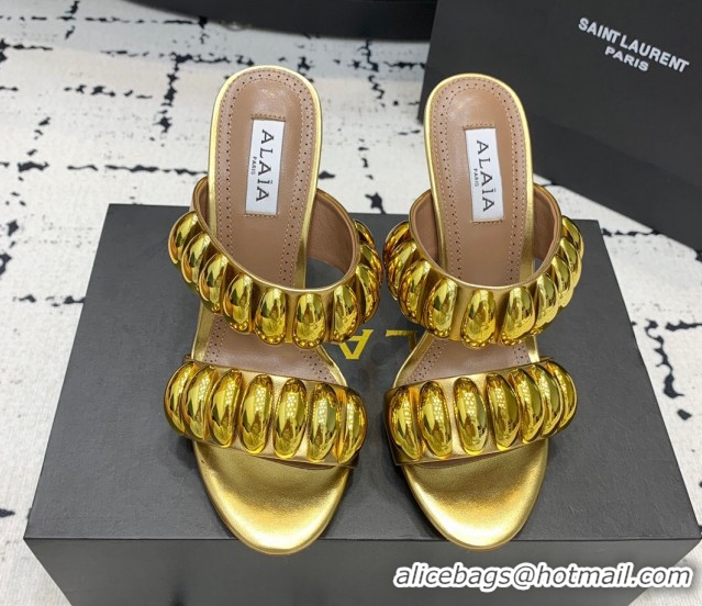 Top Grade Alaia Tribal Leather Heel Slides Sandal 10cm with Metalic Pebbles Gold-Tone 1223054