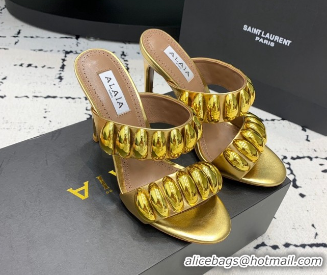 Top Grade Alaia Tribal Leather Heel Slides Sandal 10cm with Metalic Pebbles Gold-Tone 1223054