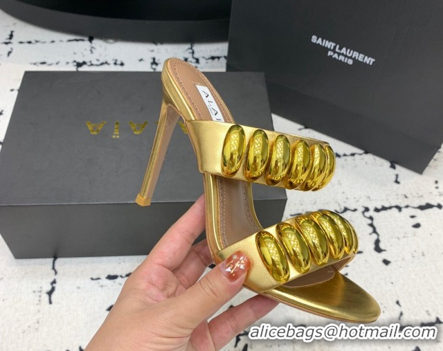 Top Grade Alaia Tribal Leather Heel Slides Sandal 10cm with Metalic Pebbles Gold-Tone 1223054