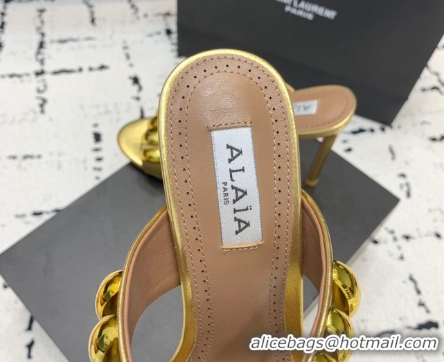 Top Grade Alaia Tribal Leather Heel Slides Sandal 10cm with Metalic Pebbles Gold-Tone 1223054