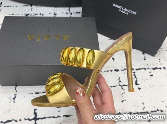 Top Grade Alaia Tribal Leather Heel Slides Sandal 10cm with Metalic Pebbles Gold-Tone 1223054