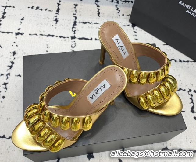 Top Grade Alaia Tribal Leather Heel Slides Sandal 10cm with Metalic Pebbles Gold-Tone 1223054