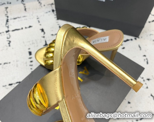 Top Grade Alaia Tribal Leather Heel Slides Sandal 10cm with Metalic Pebbles Gold-Tone 1223054