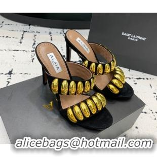 Durable Alaia Tribal Suede Heel Slides Sandal 10cm with Metalic Pebbles Black/Gold 1223055