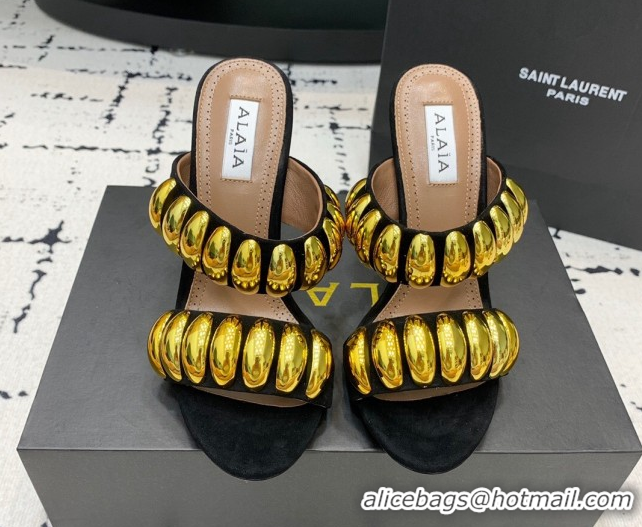 Durable Alaia Tribal Suede Heel Slides Sandal 10cm with Metalic Pebbles Black/Gold 1223055