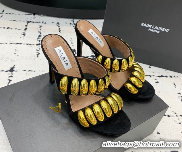 Durable Alaia Tribal Suede Heel Slides Sandal 10cm with Metalic Pebbles Black/Gold 1223055