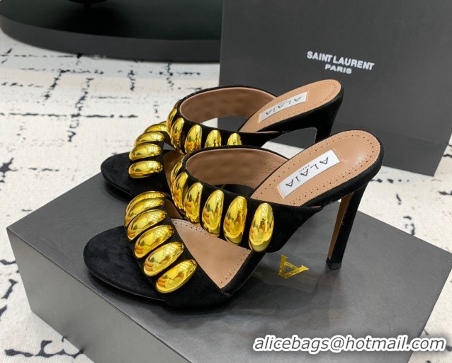 Durable Alaia Tribal Suede Heel Slides Sandal 10cm with Metalic Pebbles Black/Gold 1223055