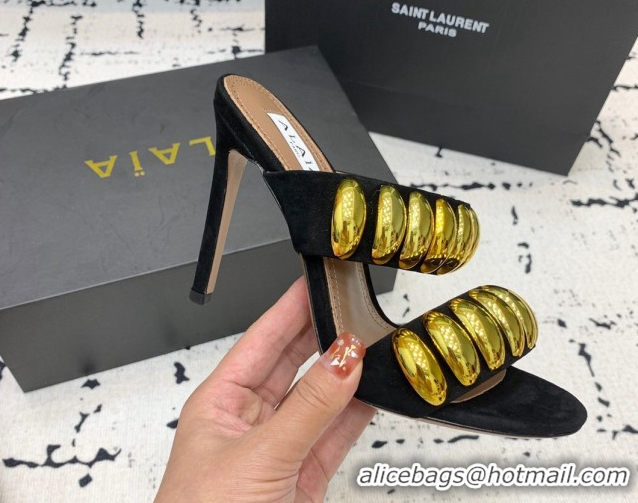 Durable Alaia Tribal Suede Heel Slides Sandal 10cm with Metalic Pebbles Black/Gold 1223055