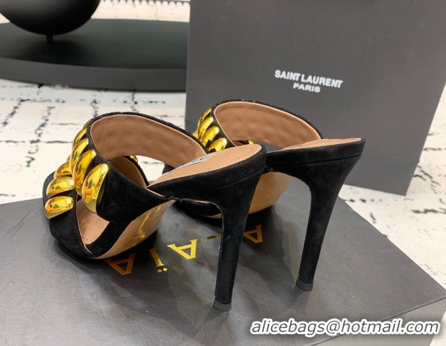 Durable Alaia Tribal Suede Heel Slides Sandal 10cm with Metalic Pebbles Black/Gold 1223055