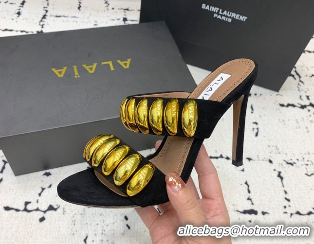 Durable Alaia Tribal Suede Heel Slides Sandal 10cm with Metalic Pebbles Black/Gold 1223055