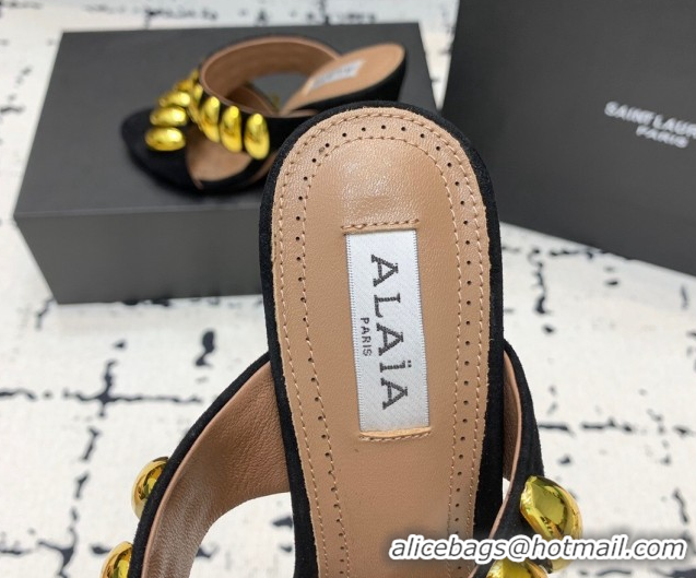 Durable Alaia Tribal Suede Heel Slides Sandal 10cm with Metalic Pebbles Black/Gold 1223055