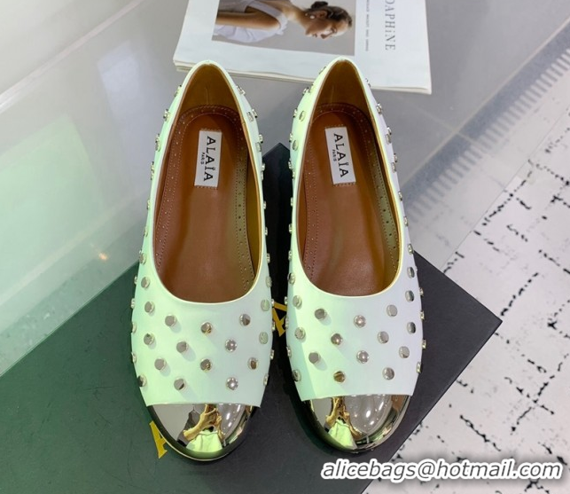 Purchase Alaia Leather Ballet Flat with Silver-Tone Toe and Studs White 1223057