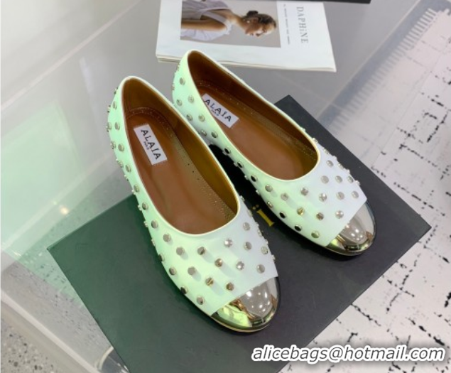 Purchase Alaia Leather Ballet Flat with Silver-Tone Toe and Studs White 1223057