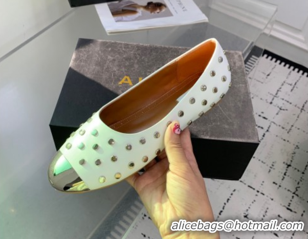 Purchase Alaia Leather Ballet Flat with Silver-Tone Toe and Studs White 1223057