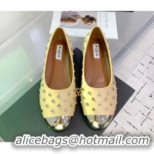 Best Grade Alaia Leather Ballet Flat with Silver-Tone Toe and Studs Yellow 1223058
