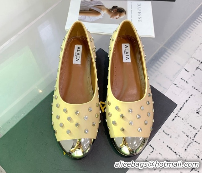 Best Grade Alaia Leather Ballet Flat with Silver-Tone Toe and Studs Yellow 1223058
