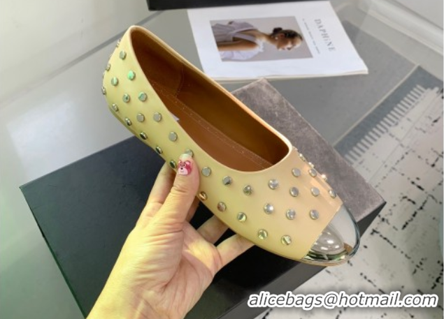 Best Grade Alaia Leather Ballet Flat with Silver-Tone Toe and Studs Yellow 1223058
