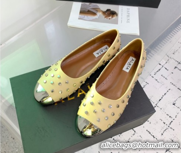 Best Grade Alaia Leather Ballet Flat with Silver-Tone Toe and Studs Yellow 1223058