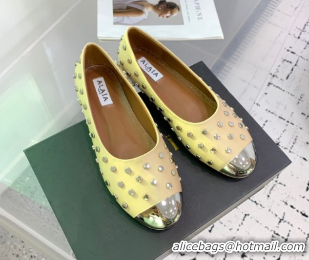 Best Grade Alaia Leather Ballet Flat with Silver-Tone Toe and Studs Yellow 1223058