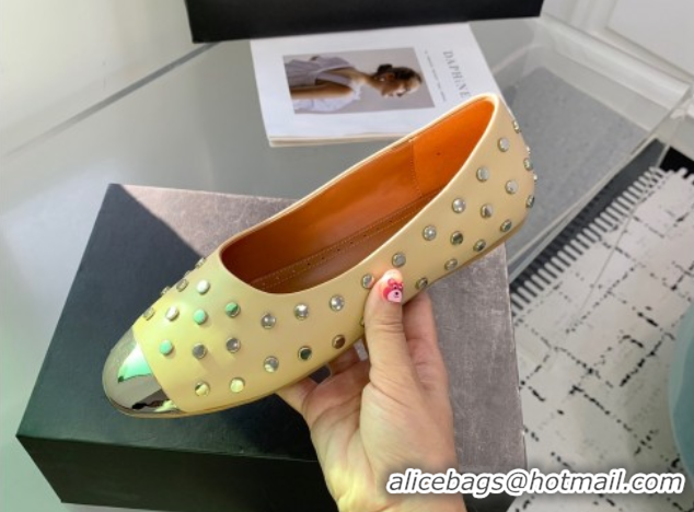 Best Grade Alaia Leather Ballet Flat with Silver-Tone Toe and Studs Yellow 1223058