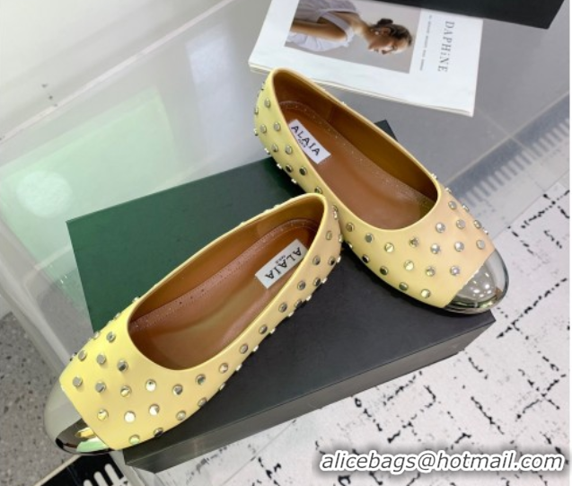 Best Grade Alaia Leather Ballet Flat with Silver-Tone Toe and Studs Yellow 1223058