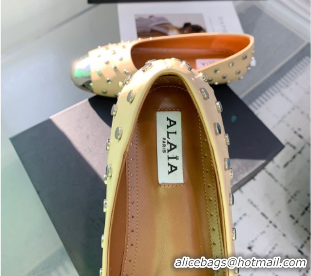 Best Grade Alaia Leather Ballet Flat with Silver-Tone Toe and Studs Yellow 1223058