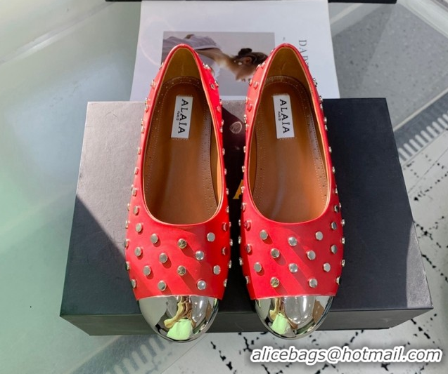 Most Popular Alaia Leather Ballet Flat with Silver-Tone Toe and Studs Red 1223059