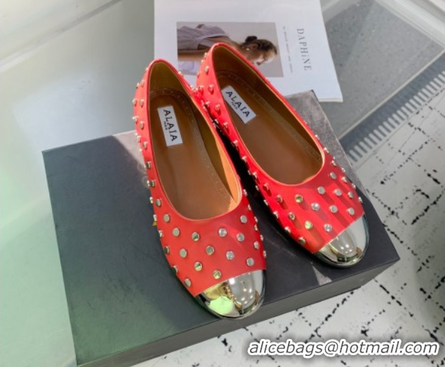Most Popular Alaia Leather Ballet Flat with Silver-Tone Toe and Studs Red 1223059