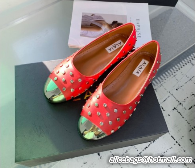 Most Popular Alaia Leather Ballet Flat with Silver-Tone Toe and Studs Red 1223059