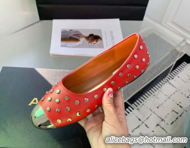 Most Popular Alaia Leather Ballet Flat with Silver-Tone Toe and Studs Red 1223059