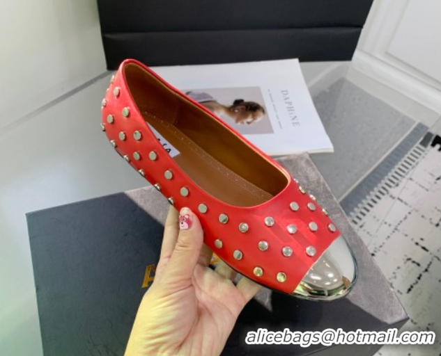Most Popular Alaia Leather Ballet Flat with Silver-Tone Toe and Studs Red 1223059