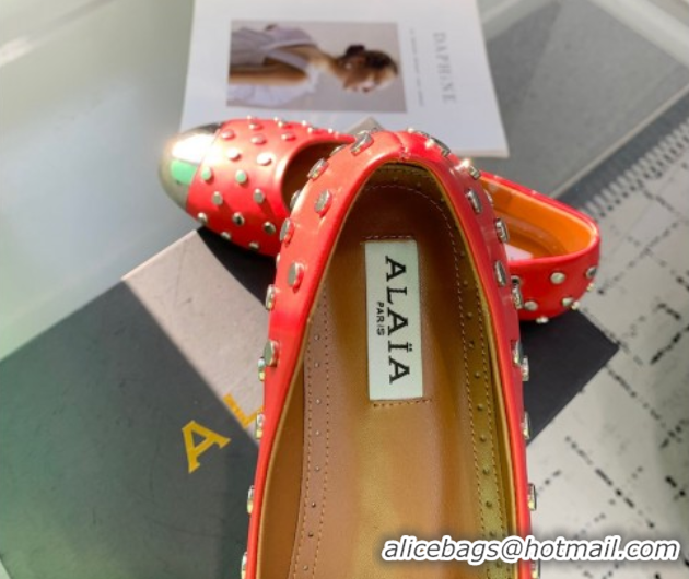 Most Popular Alaia Leather Ballet Flat with Silver-Tone Toe and Studs Red 1223059