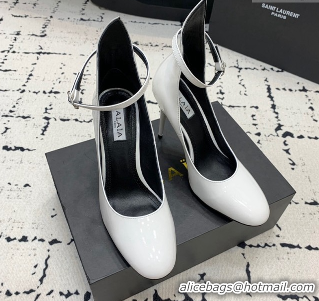 Low Cost Alaia Decollete Pumps 10.5cm in Patent Calfskin with Ankle Strap White 1223061