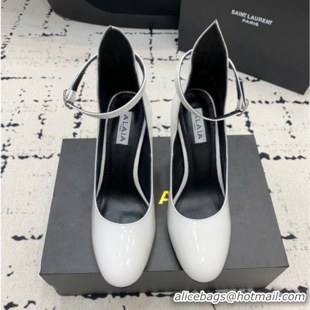 Low Cost Alaia Decollete Pumps 10.5cm in Patent Calfskin with Ankle Strap White 1223061
