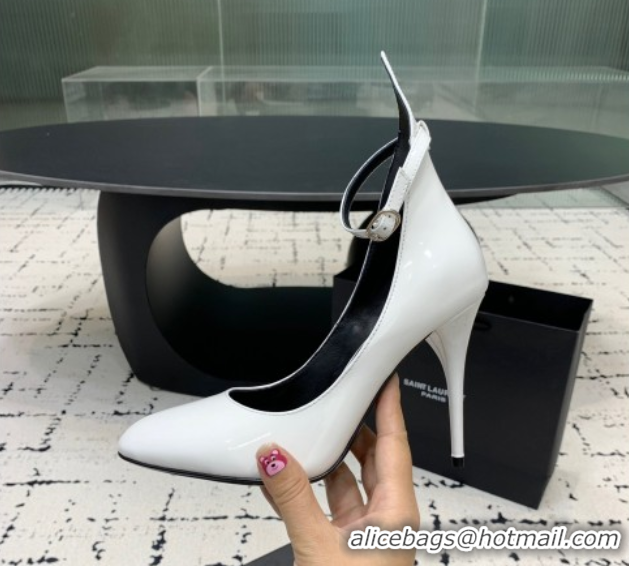 Low Cost Alaia Decollete Pumps 10.5cm in Patent Calfskin with Ankle Strap White 1223061