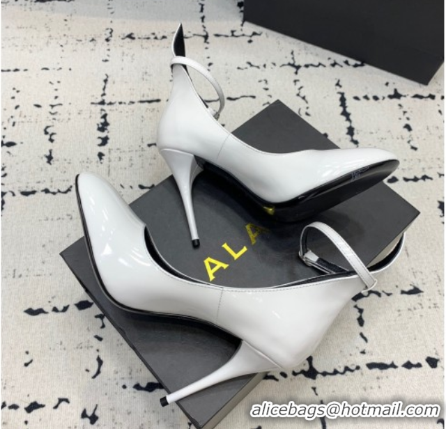 Low Cost Alaia Decollete Pumps 10.5cm in Patent Calfskin with Ankle Strap White 1223061