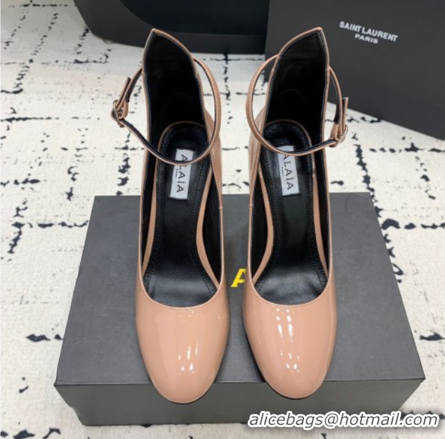 Duplicate Alaia Decollete Pumps 10.5cm in Patent Calfskin with Ankle Strap Nude 1223062
