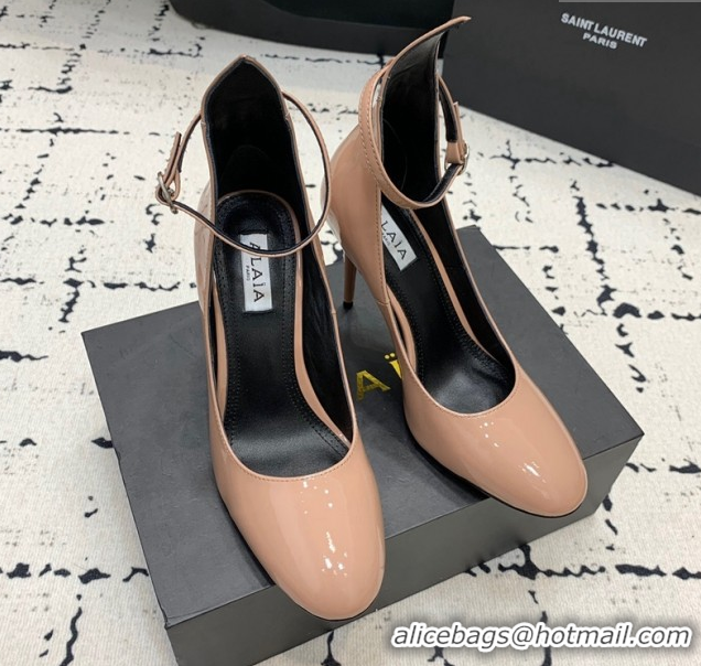 Duplicate Alaia Decollete Pumps 10.5cm in Patent Calfskin with Ankle Strap Nude 1223062
