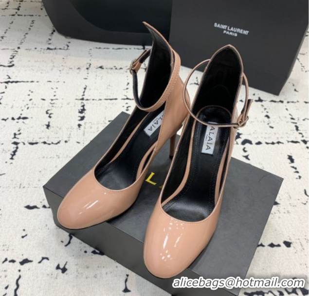 Duplicate Alaia Decollete Pumps 10.5cm in Patent Calfskin with Ankle Strap Nude 1223062