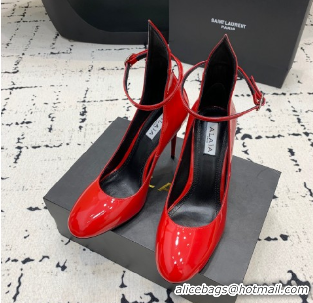 Unique Discount Alaia Decollete Pumps 10.5cm in Patent Calfskin with Ankle Strap Red 1223063