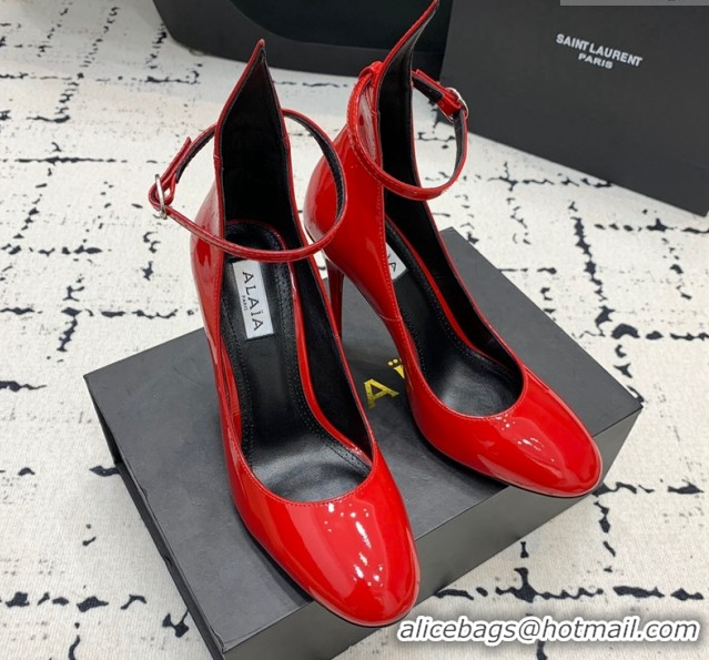 Unique Discount Alaia Decollete Pumps 10.5cm in Patent Calfskin with Ankle Strap Red 1223063